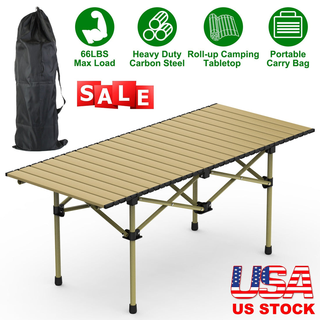 Folding Camping Table Portable Lightweight Carbon Steel Roll-up Picnic BBQ Desk with Carry Bag Heavy Duty for Outdoor Beach Backyard Party Patio Campi