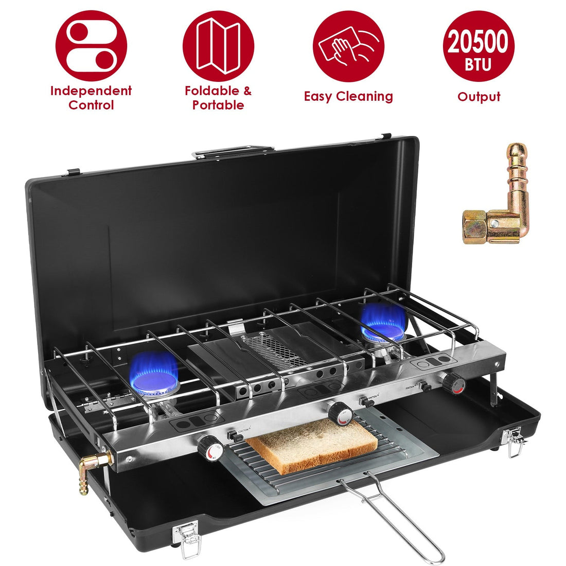 3 Burner Camping Stove 20000 BTU Portable Foldable Propane Stove With Toast Tray Windshield Portable Handle Outdoor Cooking Gas Stove For RV Camping B