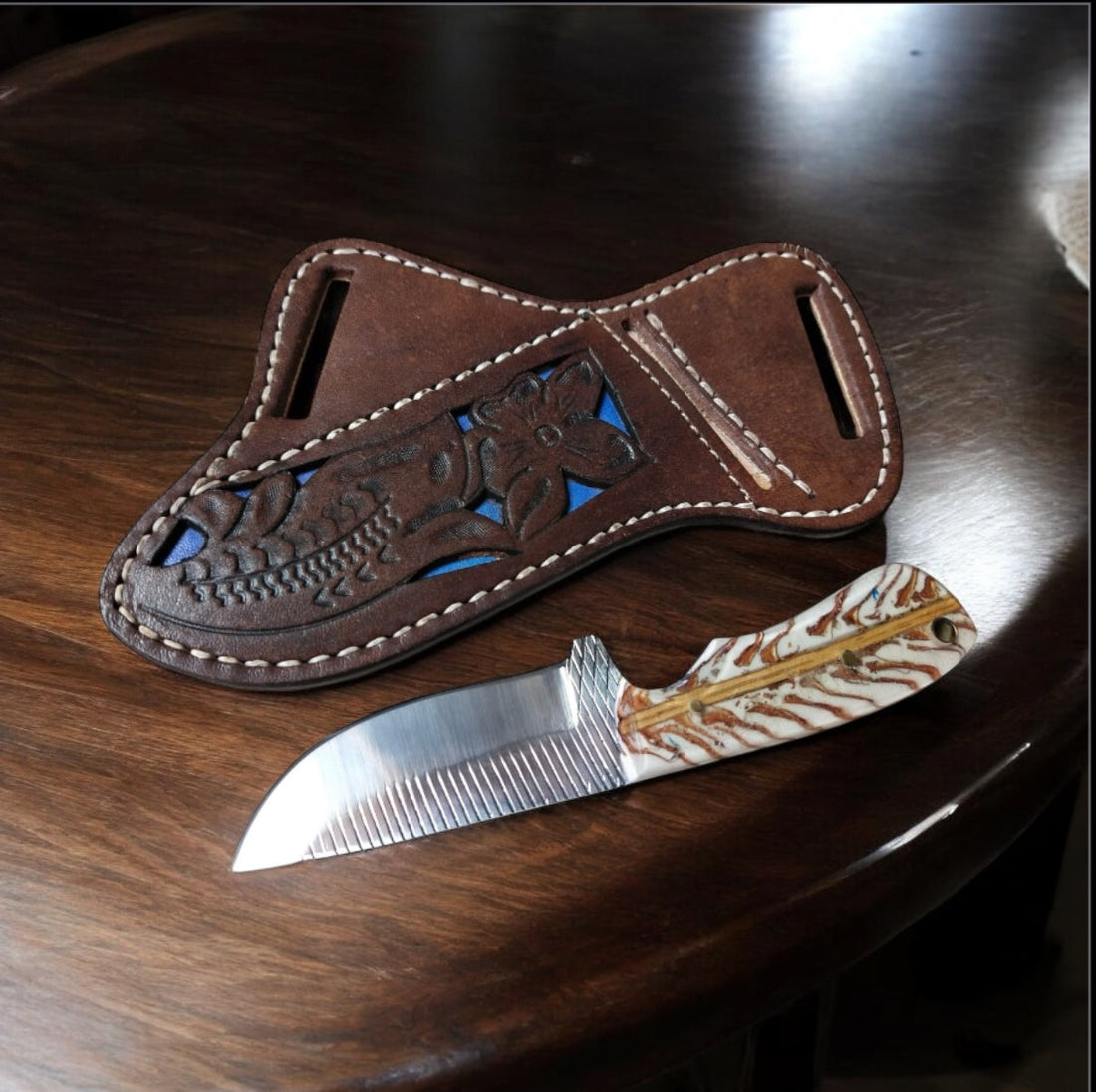 7.5" Back of Belt Knife – Rasp Tool Blade & White Pine Cone Handle with Leather Sheath