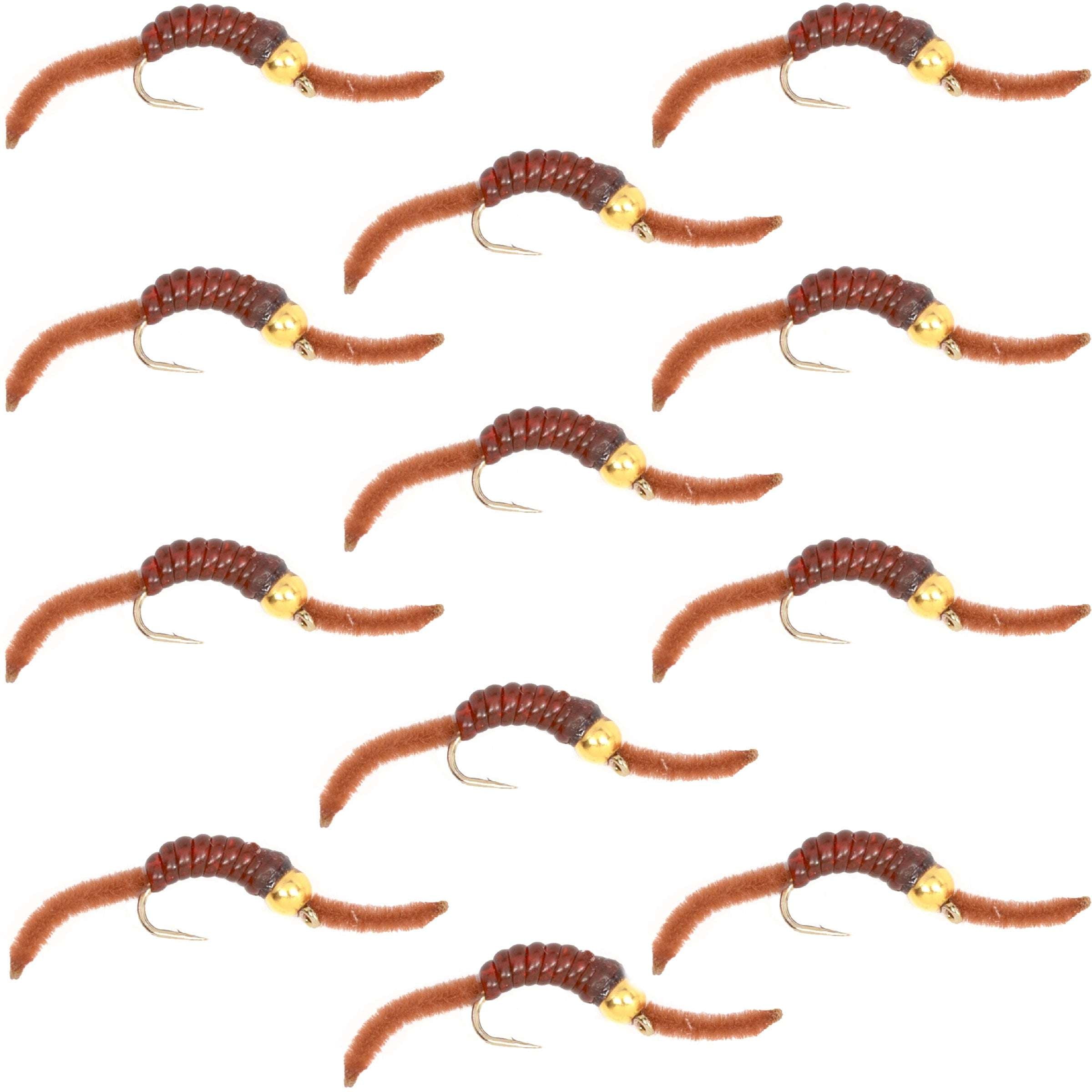 Barbless Tungsten San Juan Bead Head Power Worm Brown 12 Flies Size 10