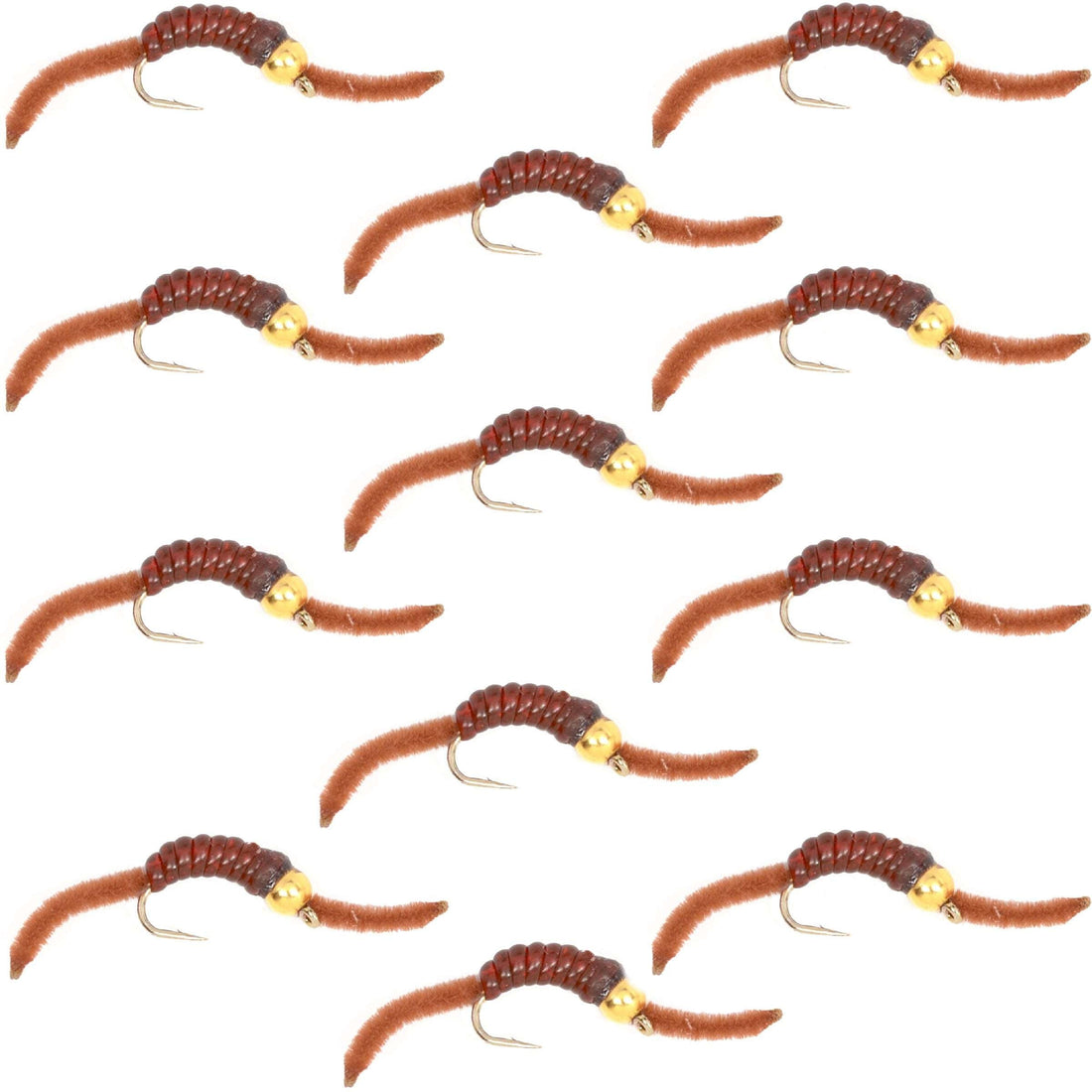 Barbless Tungsten San Juan Bead Head Power Worm Brown 12 Flies Size 10