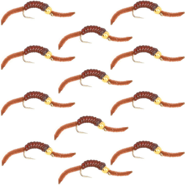 Barbless Tungsten San Juan Bead Head Power Worm Brown 12 Flies Size 10