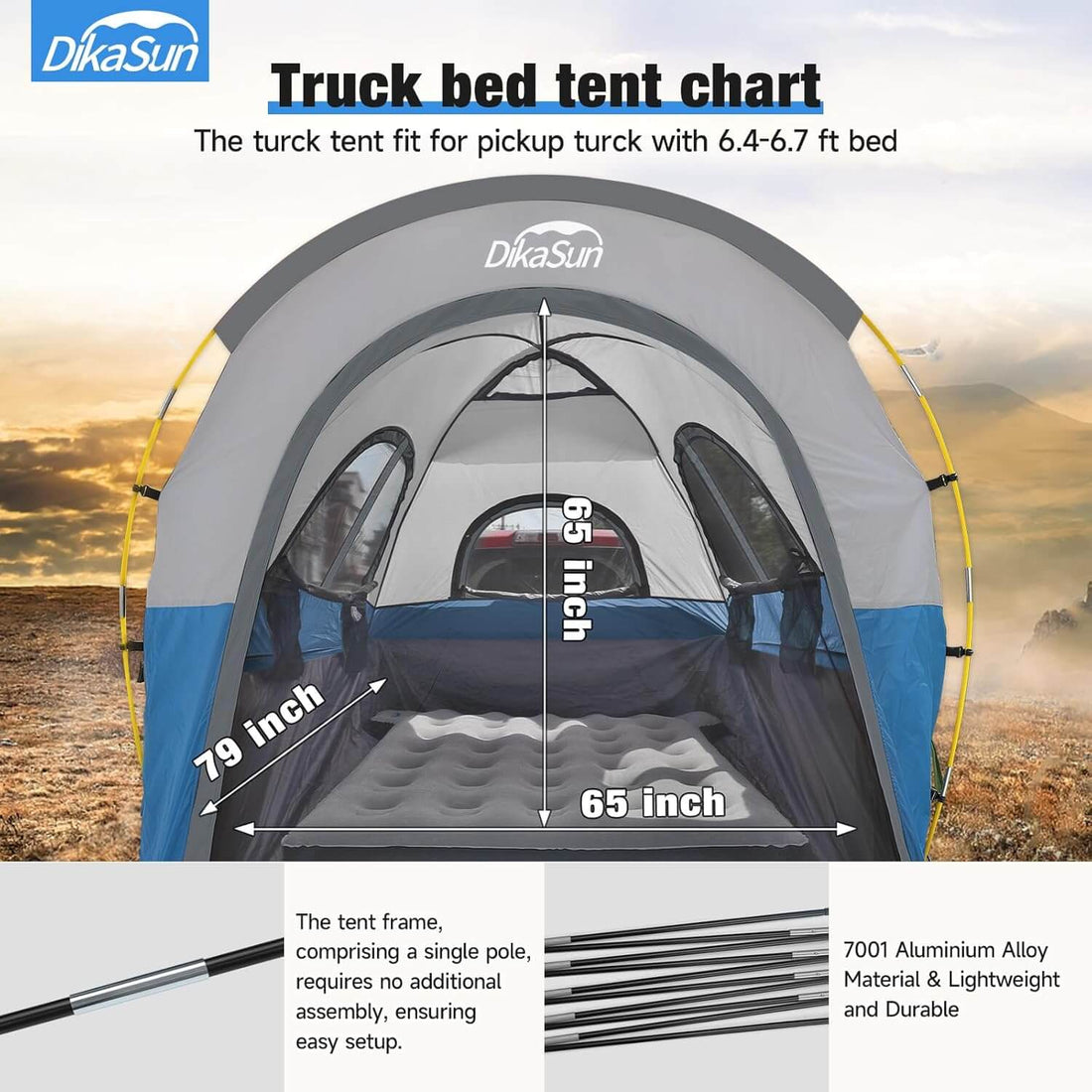 5.5-6.7ft Portable Pickup Truck Bed Tent Blue