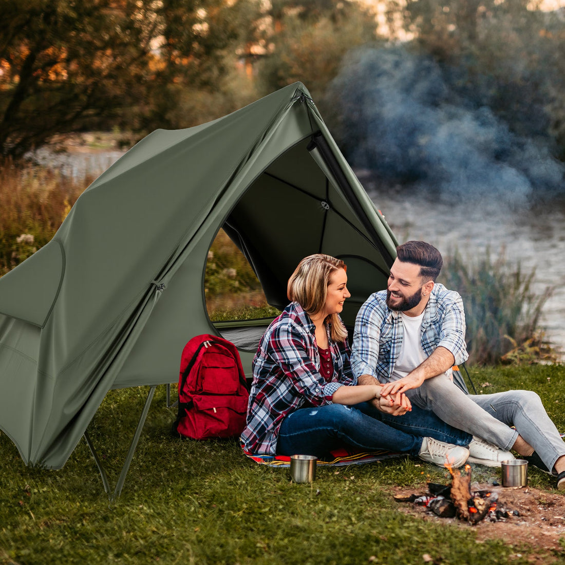 Foldable 2-Person Camping Cot Tent with Pop-up Tent Shelter and Portable Wheeled Bag-Green