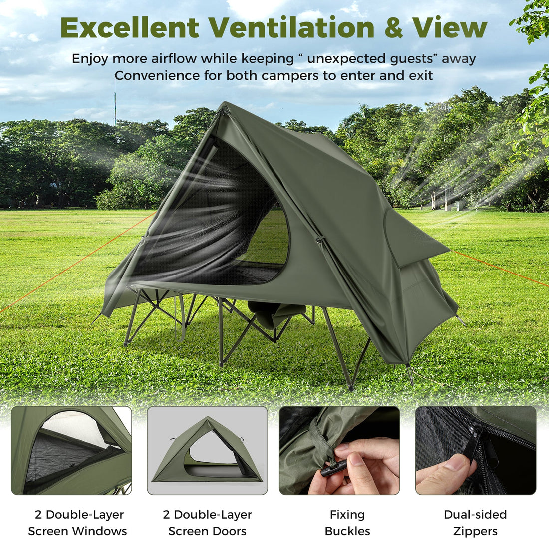 Foldable 2-Person Camping Cot Tent with Pop-up Tent Shelter and Portable Wheeled Bag-Green