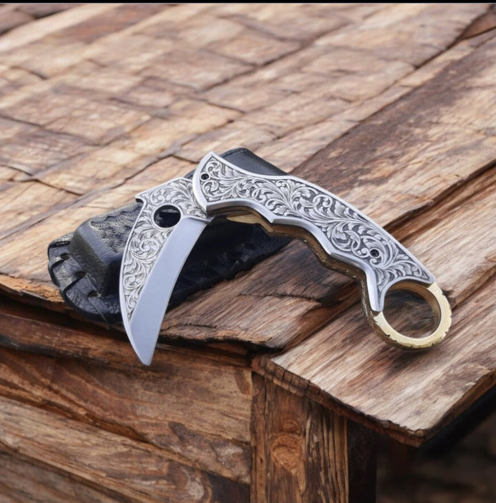 Hand-Engraved J2 Steel Folding Knife with Leather Case - 7.5" Overall Length