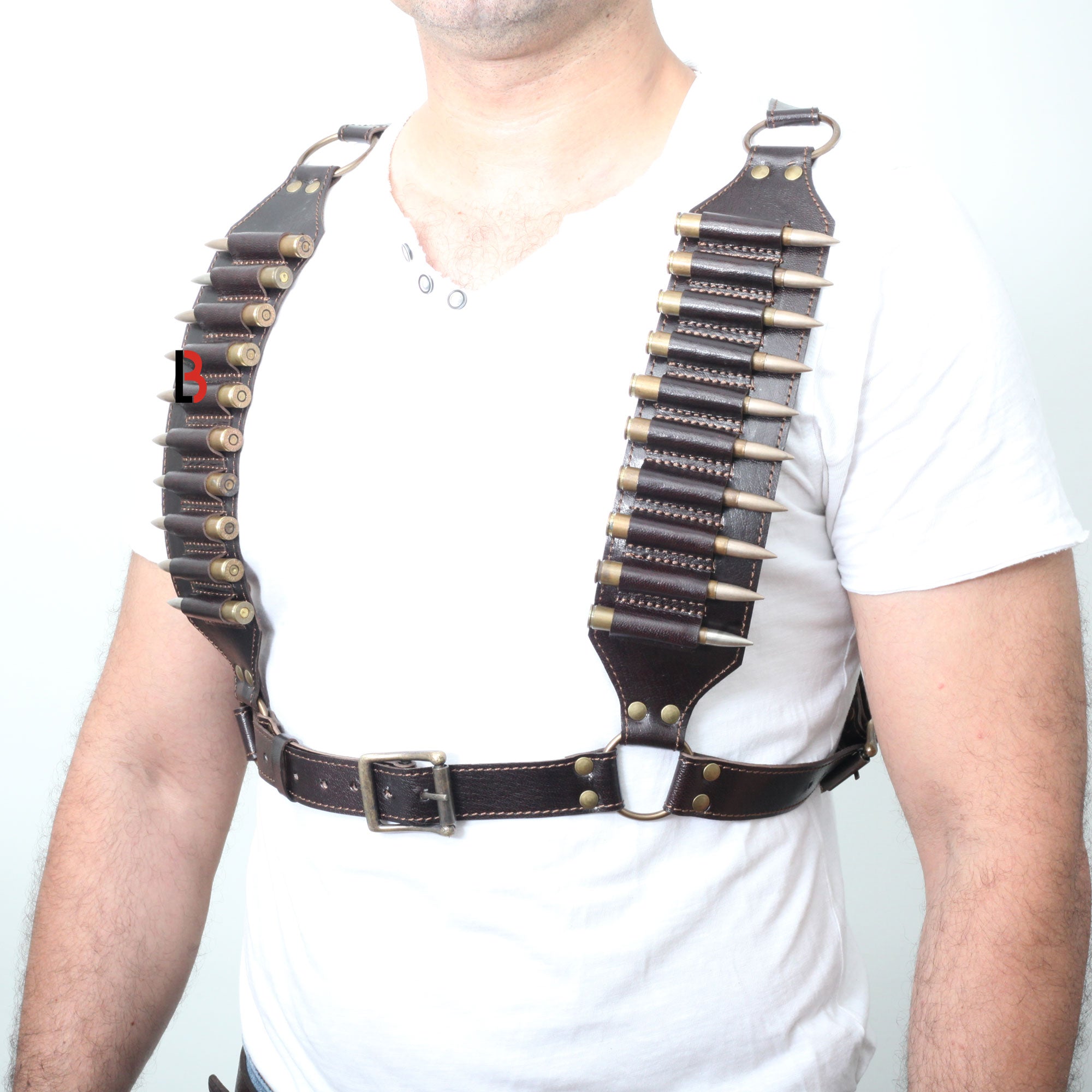 Cowhide Leather Rifle Cartridge Bandolier Belt & Chest Harness Hunting Ammo Carrier