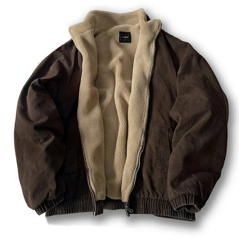 Japanese Vintage Polar Fleece Jacket for Men – Thick Warm Winter Coat with Stand Collar & Trendy Streetwear Style