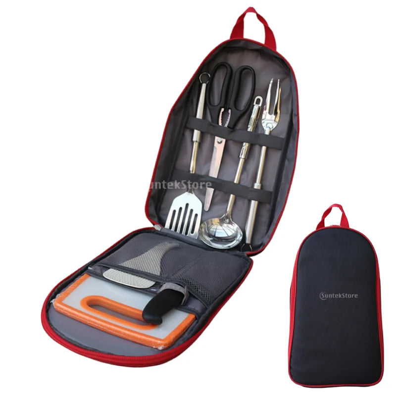 7pcs Camping Kitchen Utensil Set with Carrying Bag BBQ Beach Hiking Travel Organizer Storage Pack Cook Gadgets Equipment Gear
