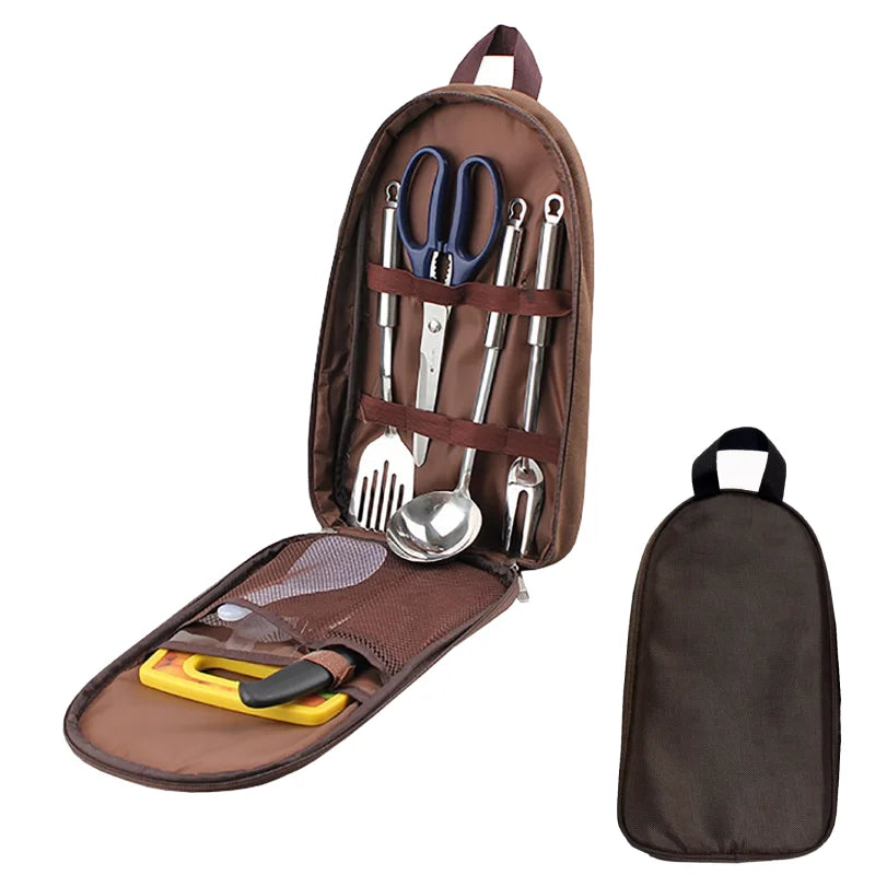7pcs Camping Kitchen Utensil Set with Carrying Bag BBQ Beach Hiking Travel Organizer Storage Pack Cook Gadgets Equipment Gear