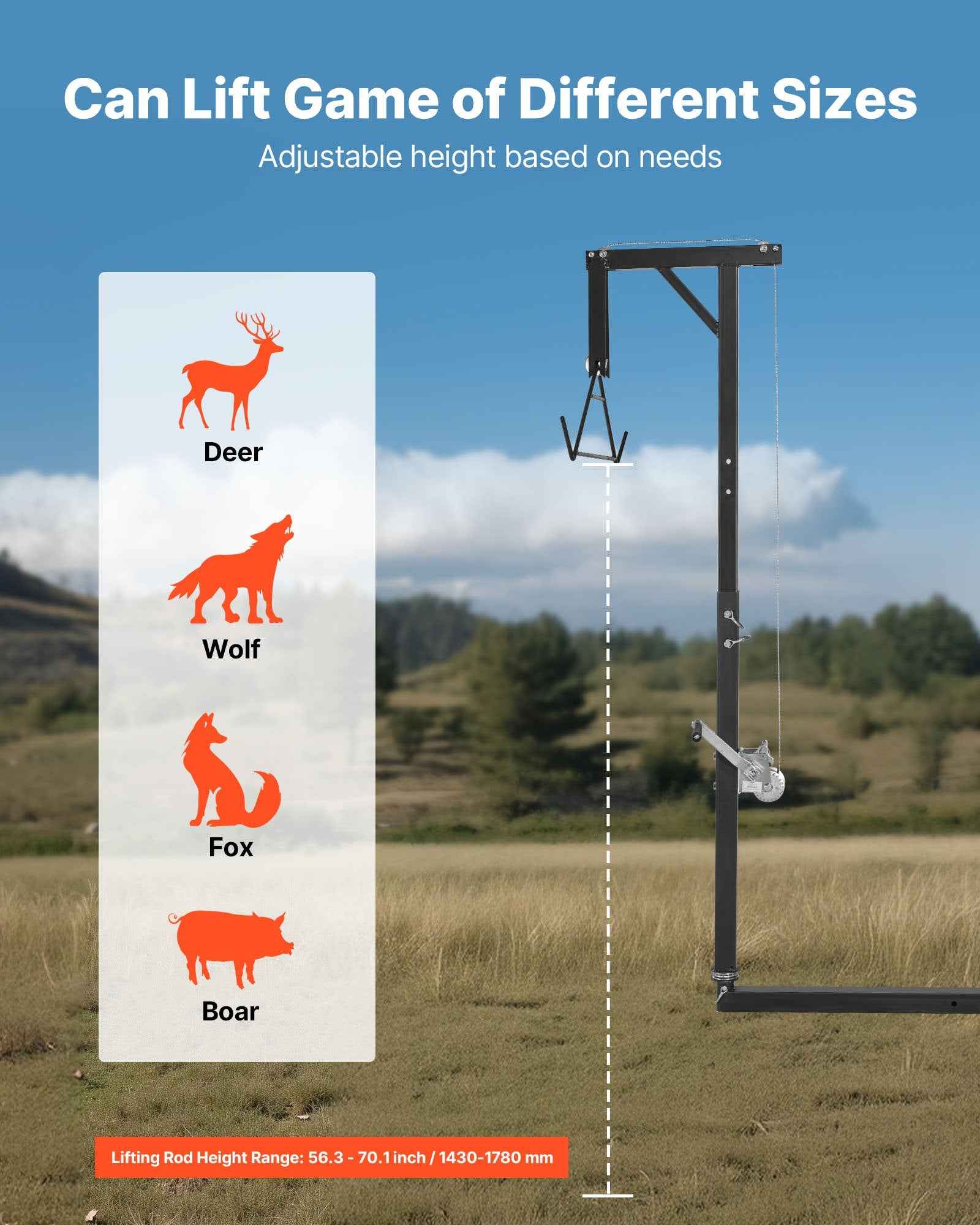 Truck Hitch Game Hoist, 300 Lbs Load Capacity, Hunting Deer Hoist With 2-inch Receiver, 360-Degree Swivel Shaft & Adjustable Height, Includes Gambrel Winch For Skinning & Cleaning Game