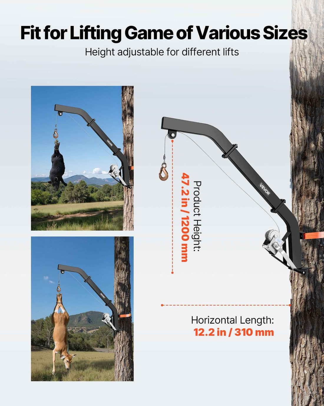 Tree Mounted Deer Hoist, 353 Lbs Load Capacity, Hunting Game Hoist Winch Lift With Ratchet Strap, Heavy Duty Deer Hanger For Skinning, Cleaning, Hanging Feed, And Field Dressing, Black