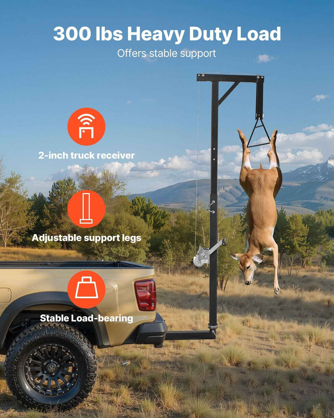 Truck Hitch Game Hoist, 300 Lbs Load Capacity, Hunting Deer Hoist With 2-inch Receiver, 360-Degree Swivel Shaft & Adjustable Height, Includes Gambrel Winch For Skinning & Cleaning Game