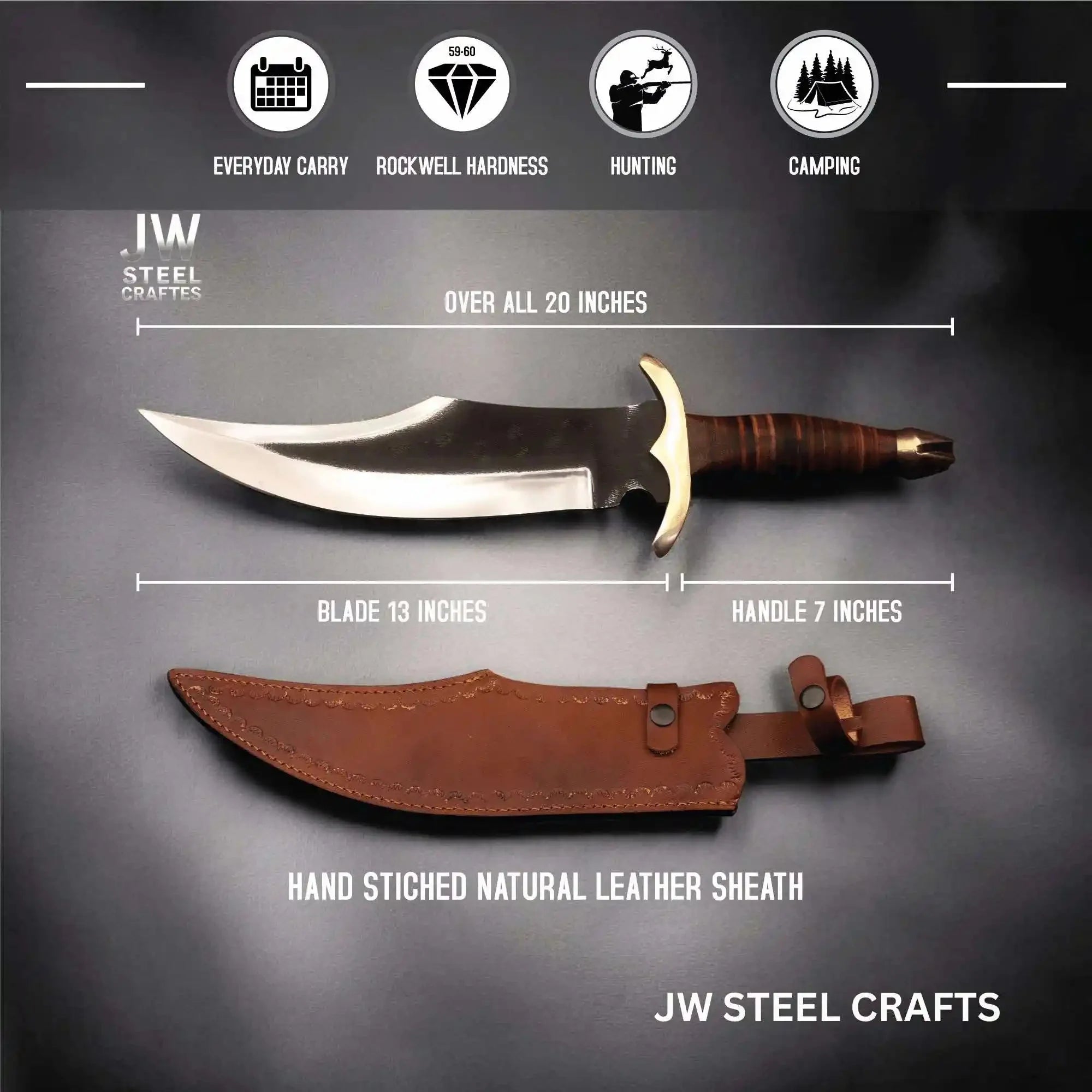 Handmade Frontier Bowie Knife - High Carbon Steel, Leather Handle, Brass Crossguard