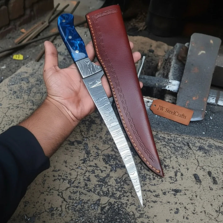 Hand-Forged Damascus Steel Fillet Knife – 8 Inch Flexible Fish Fillet Blade with Blue Resin Handle, Full Tang Professional Fishing Knife with Leather Sheath JW SteelCrafts