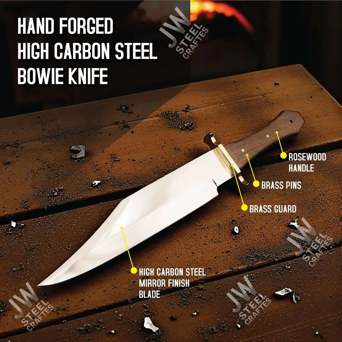 Clip Point High Carbon Steel Bowie Knife, Hand Forged, Rosewood Handle