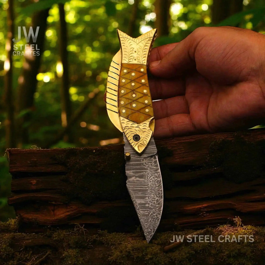 Handmade Damascus Fish Folding Knife – Bone Handle with Brass Bolster