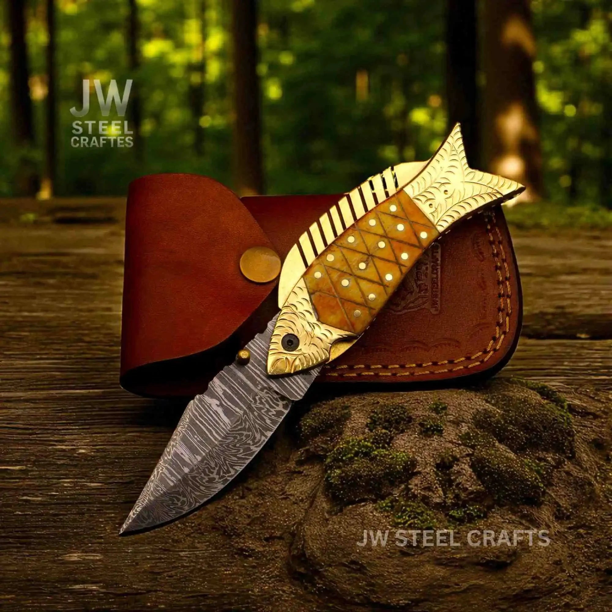 Handmade Damascus Fish Folding Knife – Bone Handle with Brass Bolster