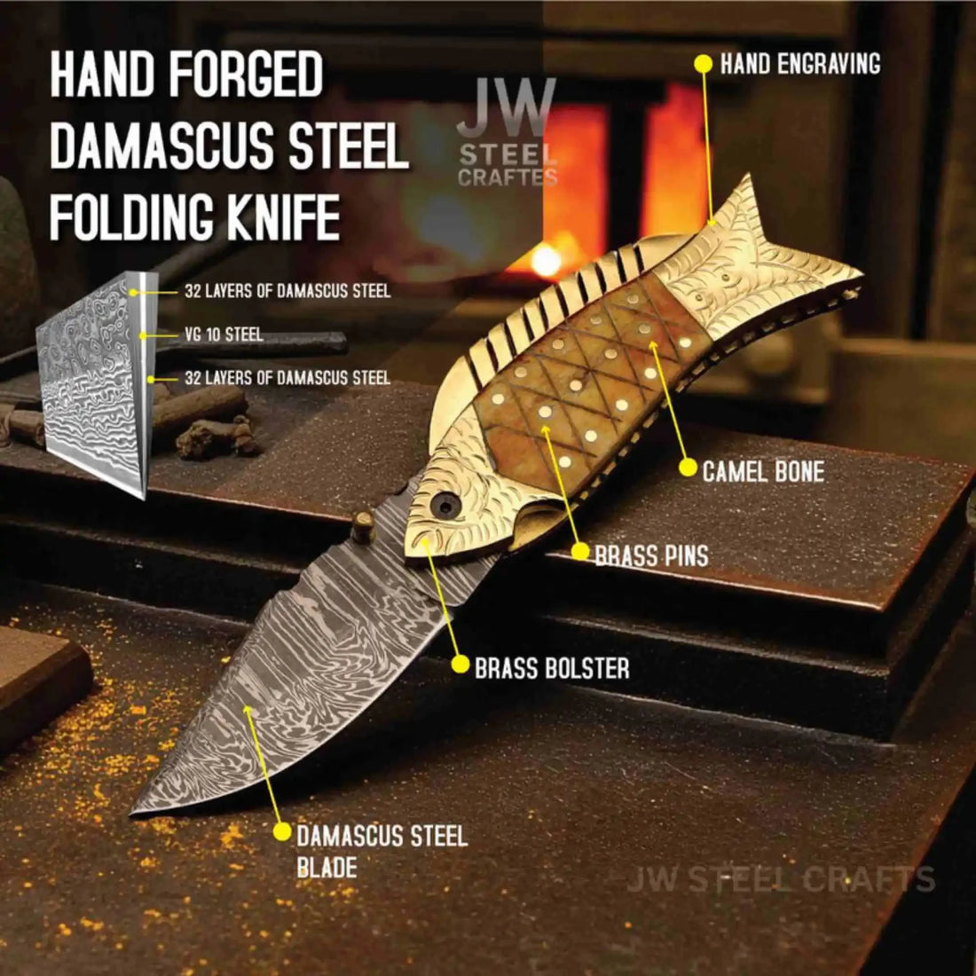 Handmade Damascus Fish Folding Knife – Bone Handle with Brass Bolster