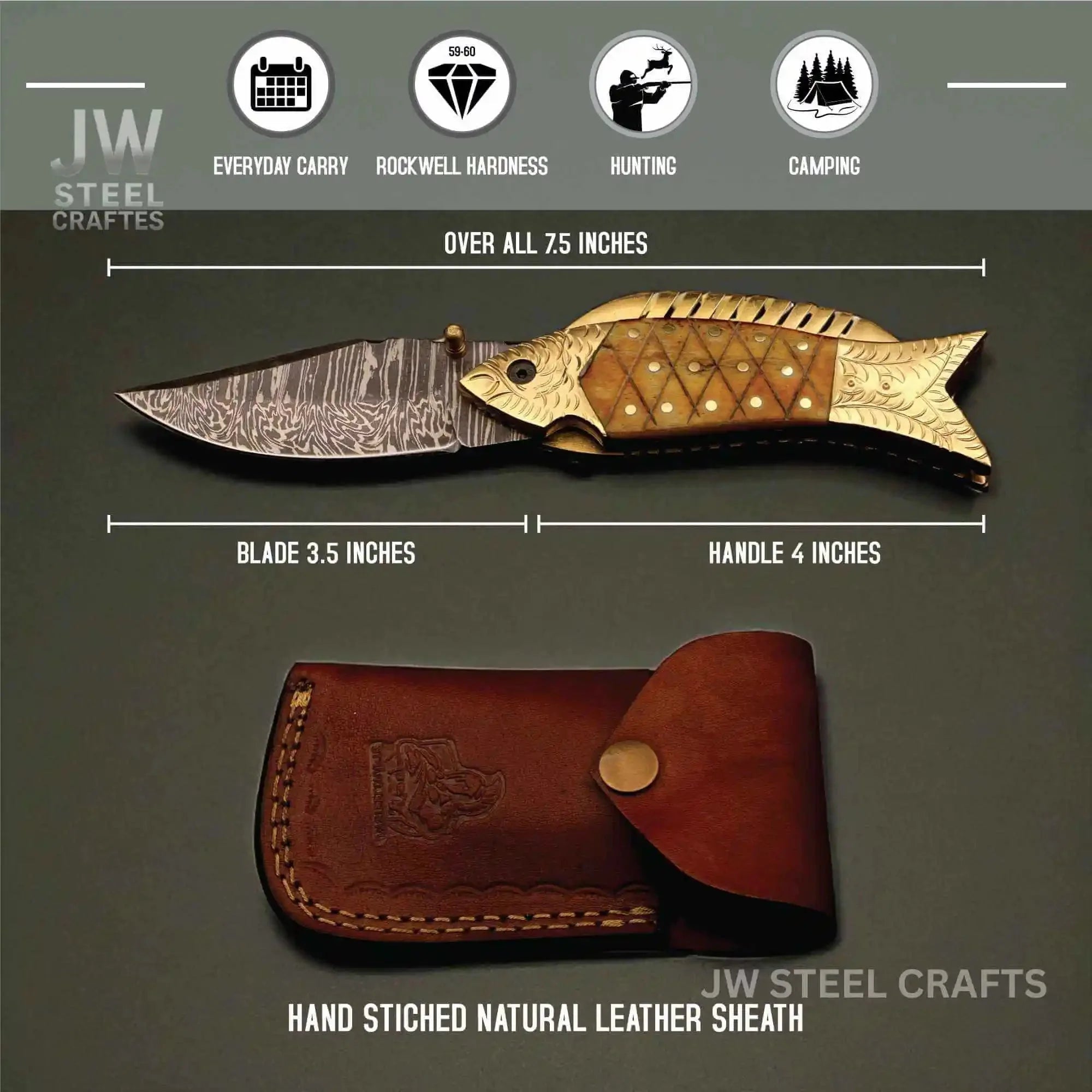 Handmade Damascus Fish Folding Knife – Bone Handle with Brass Bolster
