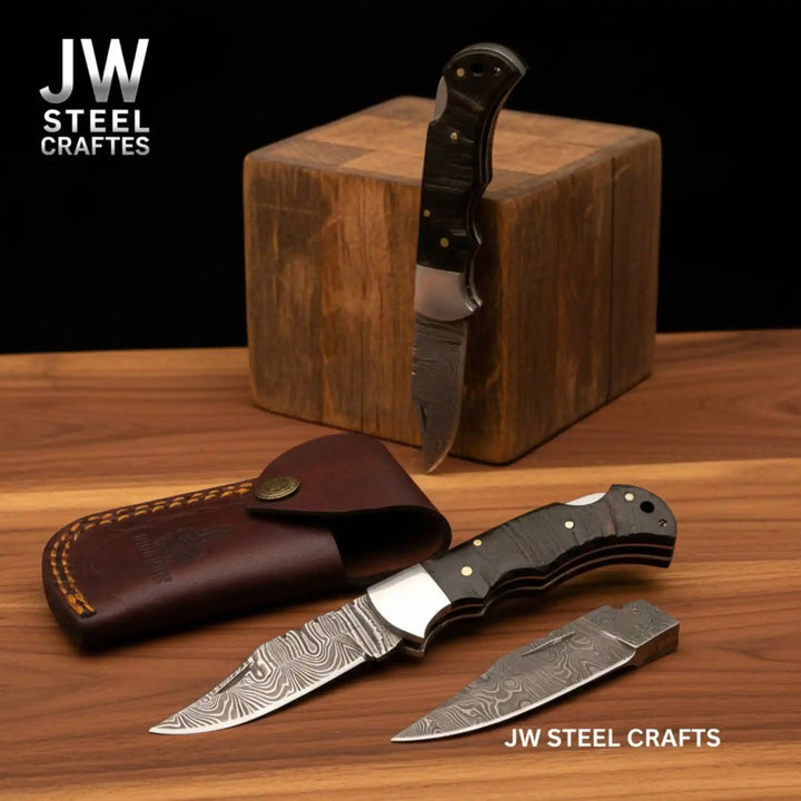 Handmade Damascus Folding Knife – Ram Horn or American Flag Handle