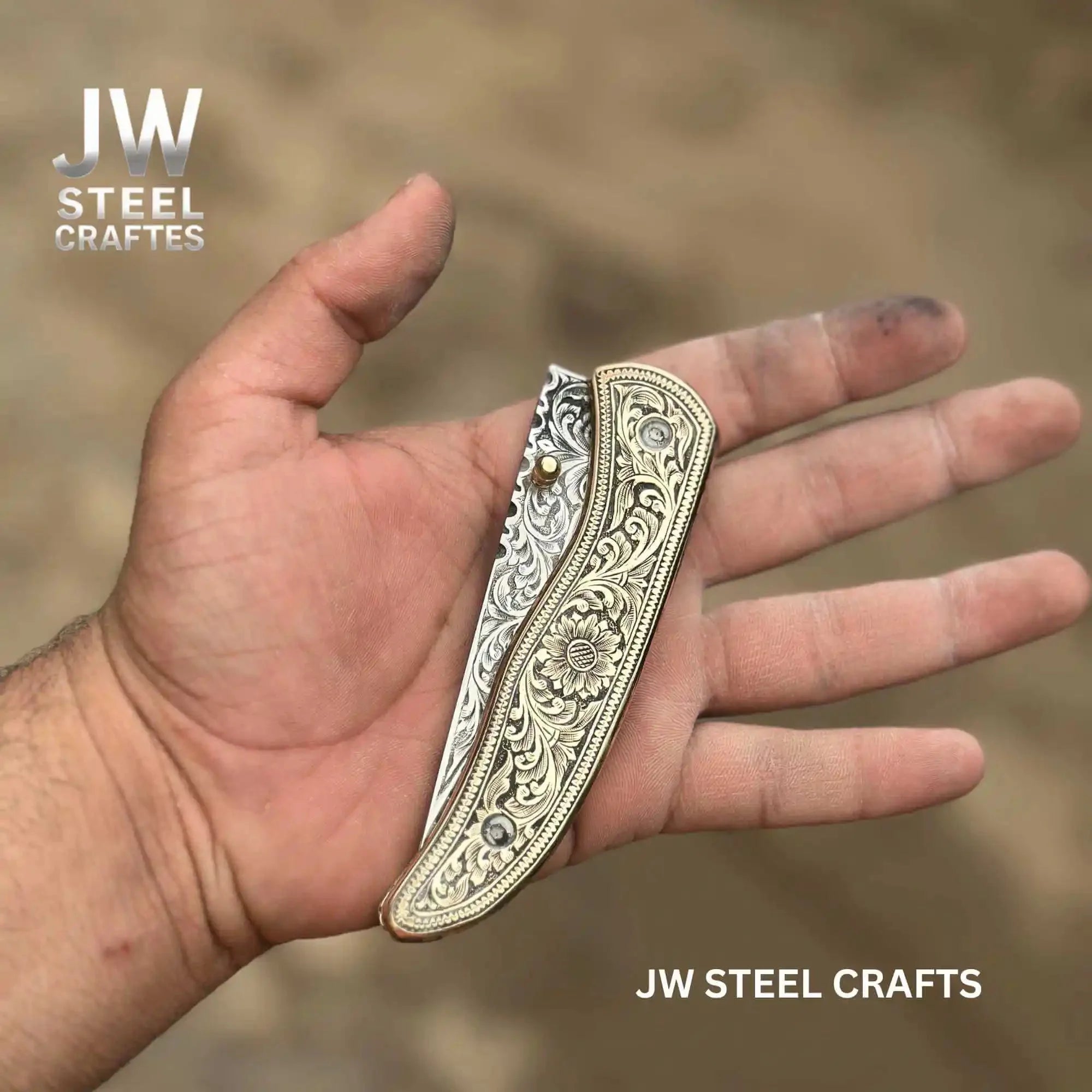 Handmade Engraved Folding Knife – Brass Handle EDC Pocket Knife