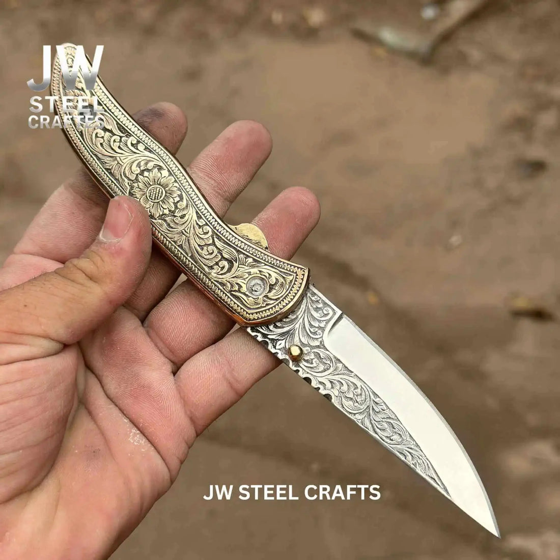 Handmade Engraved Folding Knife – Brass Handle EDC Pocket Knife