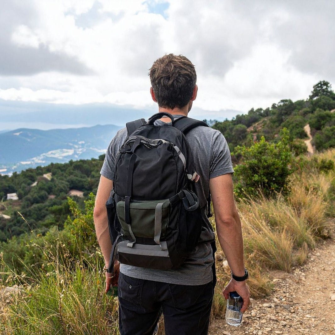 Man with a backpack hiking on a trail with mountains in the background